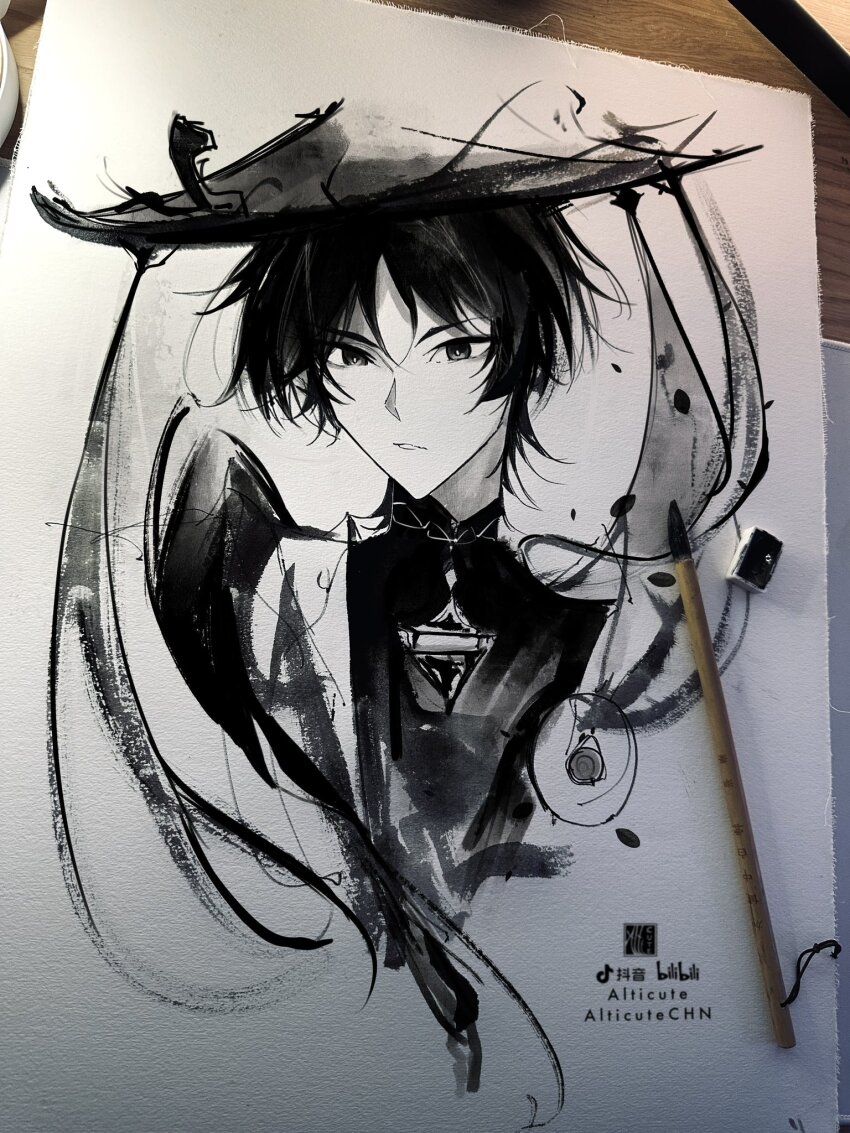 1boy alticute art_tools_in_frame artist_name bilibili_logo blunt_ends bodysuit calligraphy_brush_(medium) cropped_torso gem genshin_impact greyscale hair_between_eyes hat highres japanese_clothes jingasa kimono looking_down male_focus mandarin_collar monochrome open_clothes open_kimono parted_bangs photo_(medium) portrait scaramouche_(genshin_impact) sketch solo tiktok_logo traditional_media tsurime vision_(genshin_impact) wanderer_(genshin_impact)