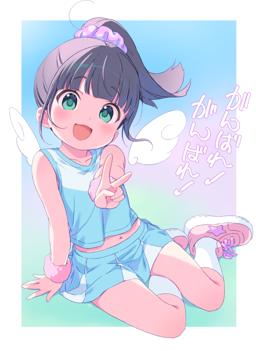 1girl :d ankle_socks arm_support black_hair blue_shirt blue_skirt blush border cheerleader collarbone commentary detached_wings fang full_body gradient_background green_eyes hair_ornament hair_scrunchie hand_up high_ponytail highres jigatei_(omijin) long_hair looking_at_viewer midriff miniskirt navel open_mouth original outside_border pink_scrunchie pink_shoes polka_dot polka_dot_scrunchie ponytail print_footwear scrunchie shirt shoes sitting skirt sleeveless sleeveless_shirt smile sneakers socks solo star_(symbol) star_print symbol-only_commentary translation_request v white_border white_socks white_wings wings