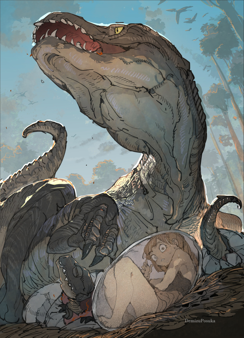 1girl black_camisole brown_eyes brown_hair camisole day demizu_posuka dinosaur egg hatching highres original outdoors pterosaur raptor sharp_teeth teeth tree