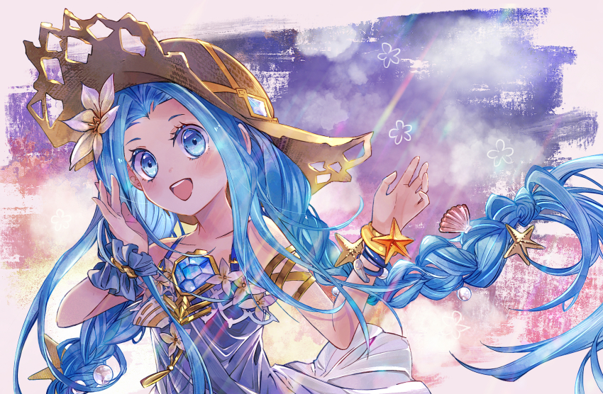 1girl blue_eyes blue_hair braid dress flower granblue_fantasy grerey.xx hair_flower hair_ornament hat highres jewelry long_hair looking_at_viewer lyria_(daughter_of_pearl)_(granblue_fantasy) lyria_(granblue_fantasy) official_alternate_costume see-through_clothes see-through_dress shell_hair_ornament smile solo starfish_hair_ornament straw_hat sun_hat swimsuit twin_braids very_long_hair
