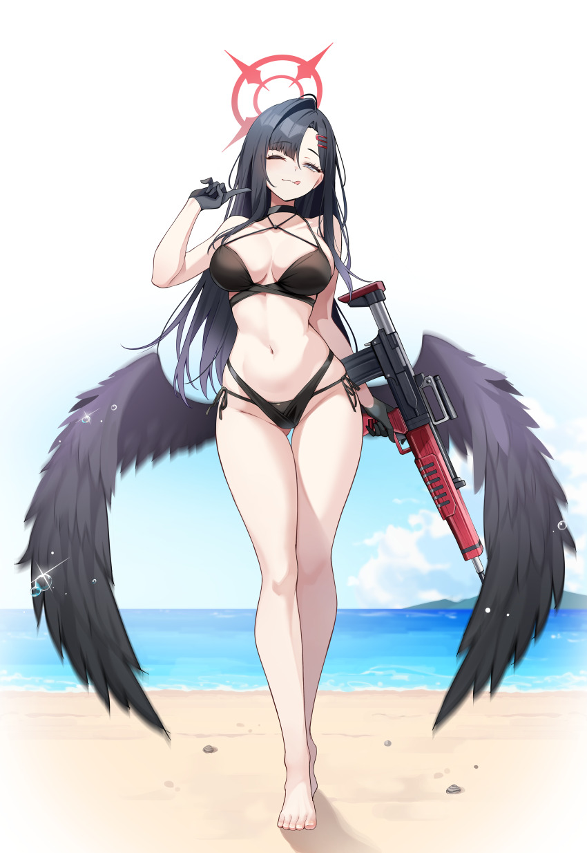 1girl ;) ;q absurdres assault_rifle bare_legs barefoot beach bikini black_bikini black_choker black_gloves black_hair black_wings blue_archive breasts bullpup choker commentary em-2 feathered_wings full_body gloves gluteal_fold groin gun halo highres holding holding_gun holding_weapon ichika_(blue_archive) long_hair looking_at_viewer mayoichi medium_breasts navel one_eye_closed outdoors revision rifle smile solo stomach straight_hair swimsuit thigh_gap toes tongue tongue_out very_long_hair weapon wings