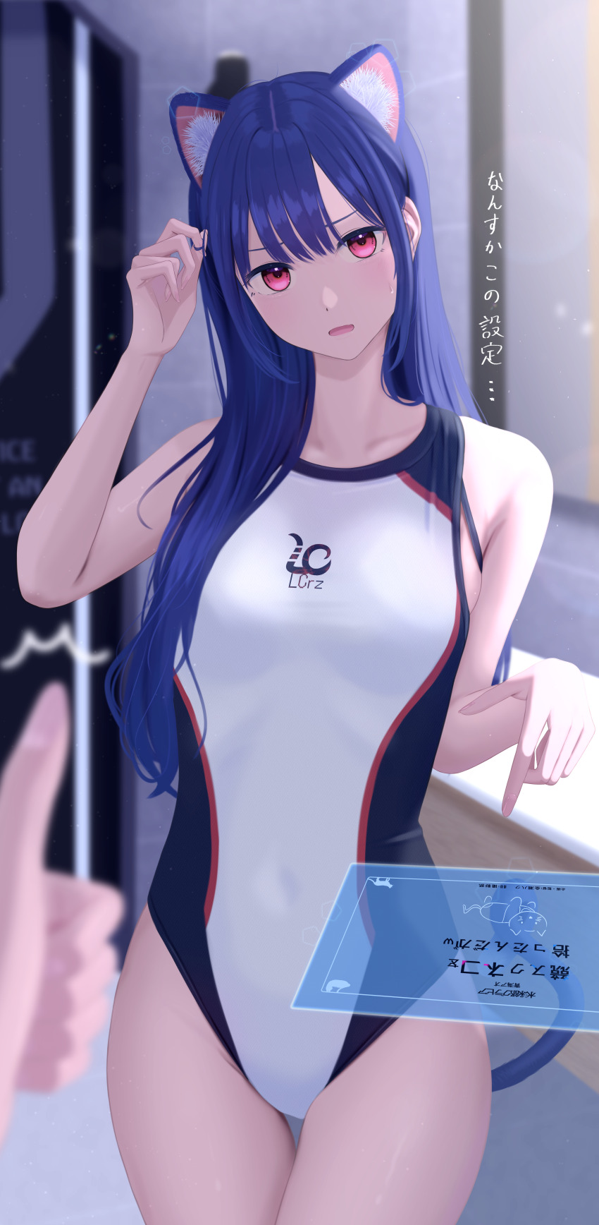 1girl absurdres animal_ear_fluff animal_ears blurry blurry_background blush breasts cat_ears cat_tail collarbone competition_swimsuit covered_navel cowboy_shot hair_over_shoulder highleg highleg_one-piece_swimsuit highres inaka_44 long_hair looking_at_viewer multicolored_swimsuit one-piece_swimsuit open_mouth original pink_eyes playing_with_hair purple_eyes small_breasts solo sweatdrop swimsuit tail thumbs_up translation_request