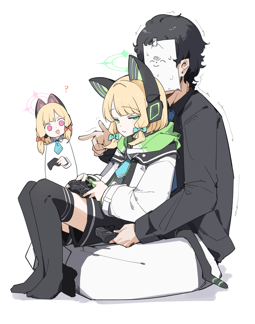 1boy 2girls absurdres animal_ear_headphones animal_ears black_hair black_thighhighs blonde_hair blue_archive bow cat_ear_headphones doodle_sensei_(blue_archive) fake_animal_ears formal_clothes green_eyes hair_bow half-closed_eyes halo handheld_game_console headphones highres holding holding_handheld_game_console hood hooded_jacket jacket looking_at_viewer low_twintails maton_3110 midori_(blue_archive) momoi_(blue_archive) multiple_girls no_shoes pink_eyes sensei_(blue_archive) short_hair shorts siblings simple_background sisters sitting sitting_on_lap sitting_on_person smile smirk suit sweat thighhighs twins twintails white_background