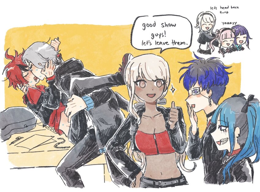 4boys 4girls ahoge alternate_costume amemiya_darumi aotsuki_eito black_hair black_jacket black_pants blonde_hair blue_eyes blue_hair blush border breasts brown_eyes cleavage closed_eyes collar dark-skinned_female dark_skin french_kiss grey_hair highres jacket kawana_tsubasa kirifuji_nozomi kiss long_hair messy_hair multicolored_hair multiple_boys multiple_girls official_alternate_costume omokage_yugamu open_mouth pants pink_eyes pink_hair purple_hair red_hair sumino_takumi the_hundred_line_-last_defense_academy- tsukumo_ima tsukumo_kako white_border white_hair yaoi yellow_background