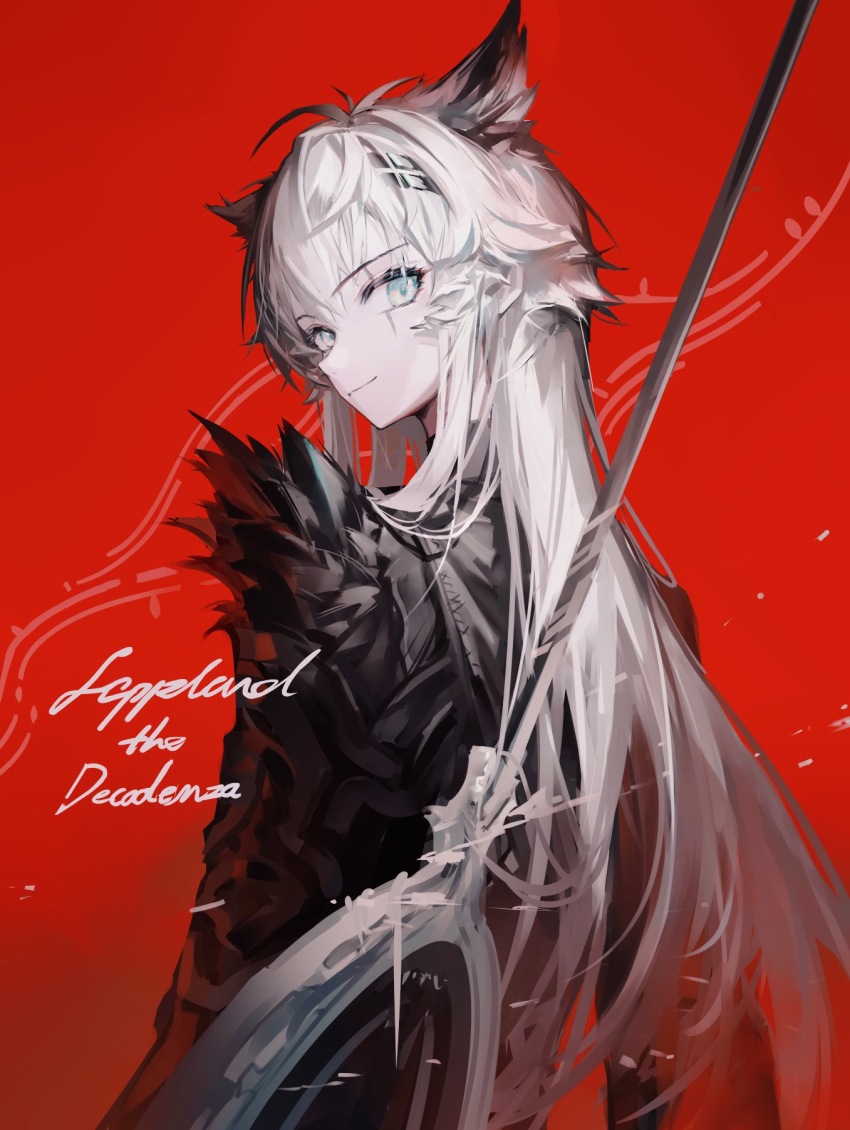 1girl animal_ear_fluff animal_ears antenna_hair arknights black_jacket blue_eyes character_name closed_mouth commentary extra_ears from_behind grey_hair hair_ornament hairclip highres huanxiang_heitu jacket lappland_(arknights) lappland_the_decadenza_(arknights) light_smile long_hair looking_at_viewer looking_back messy_hair official_alternate_costume pale_skin red_background scar scar_across_eye scar_on_face shoulder_pads single_shoulder_pad solo standing turning_head upper_body weapon wolf_ears wolf_girl