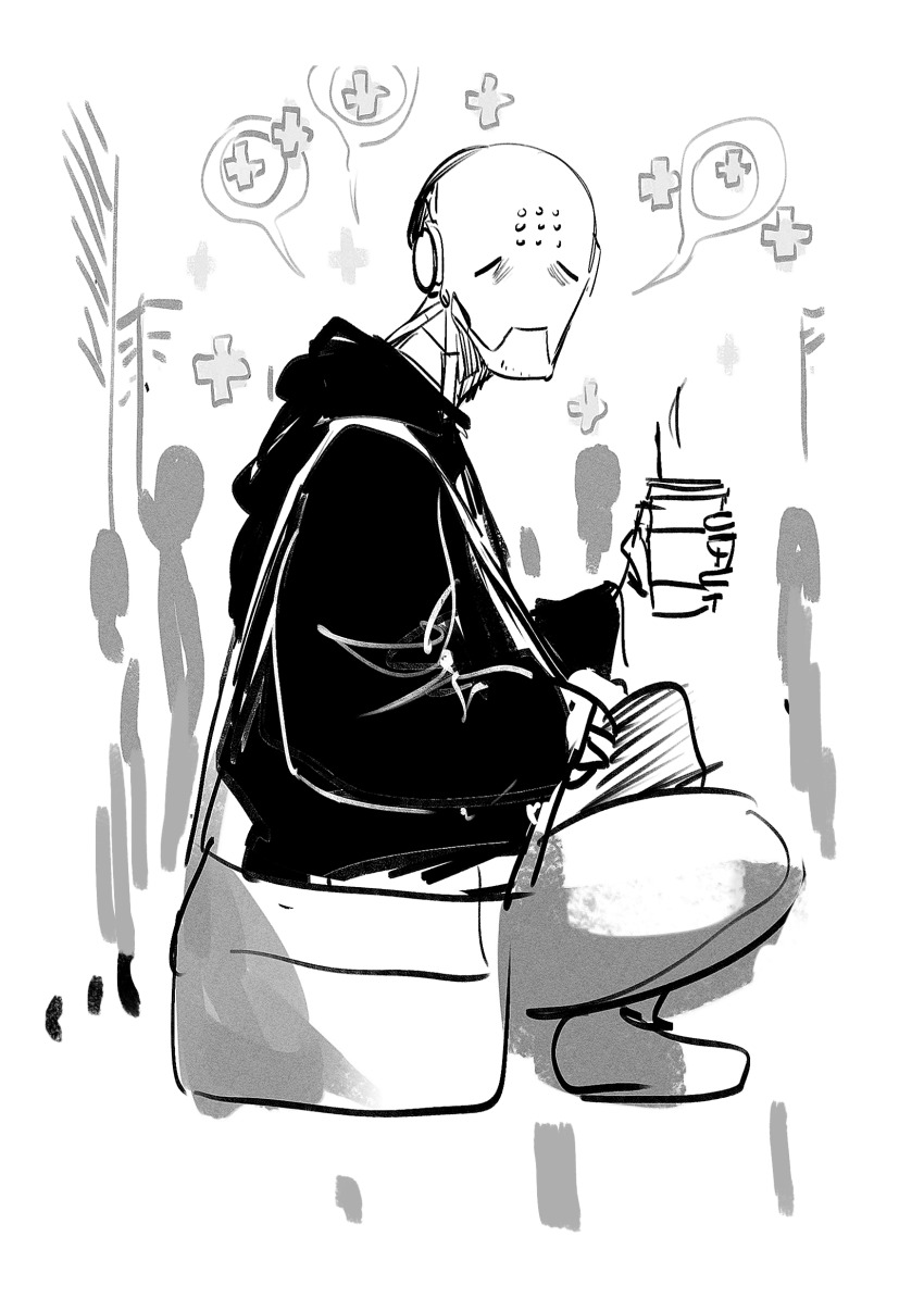 1boy 6cheetah absurdres bag black_hoodie closed_eyes crossed_legs cup disposable_cup full_body greyscale hand_up highres holding holding_cup hood hood_down hoodie humanoid_robot indian_style looking_at_viewer male_focus monochrome overwatch overwatch_1 robot shoulder_bag simple_background sitting sketch speech_bubble white_background zenyatta_(overwatch)