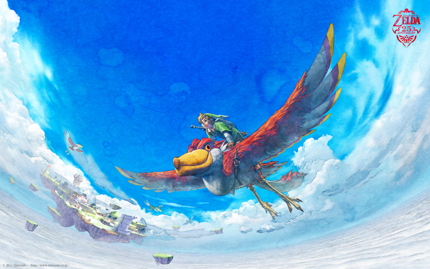10s 1boy 2011 bird cloud day floating_island flying harness highres horizon link loftwing male_focus nintendo official_art official_wallpaper riding shield shield_on_back sky solo sword the_legend_of_zelda the_legend_of_zelda:_skyward_sword watermark weapon web_address
