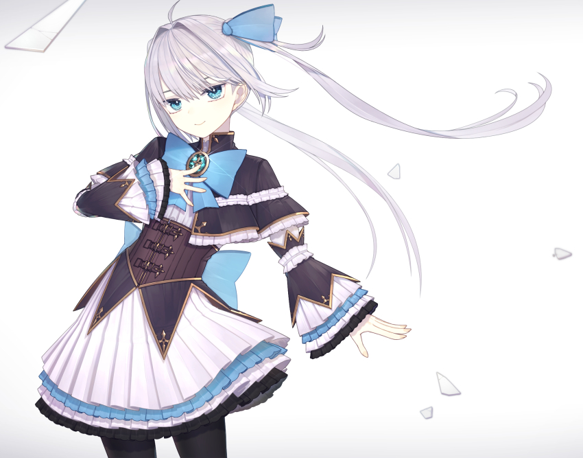1girl ahoge back_bow black_capelet black_pantyhose blue_bow blue_brooch blue_eyes bow brooch brown_corset buttons capelet closed_mouth commentary_request corset cowboy_shot detached_sleeves dress_shirt fingernails floating_hair frilled_capelet frilled_shirt_collar frilled_sleeves frills glint grey_hair hair_bow hair_intakes hand_on_own_chest high_collar highres jewelry layered_sleeves long_hair long_sleeves medium_skirt original pantyhose petticoat pleated_skirt riuichi shirt simple_background skirt sleeves_past_wrists smile solo standing twintails white_background white_shirt white_skirt wind