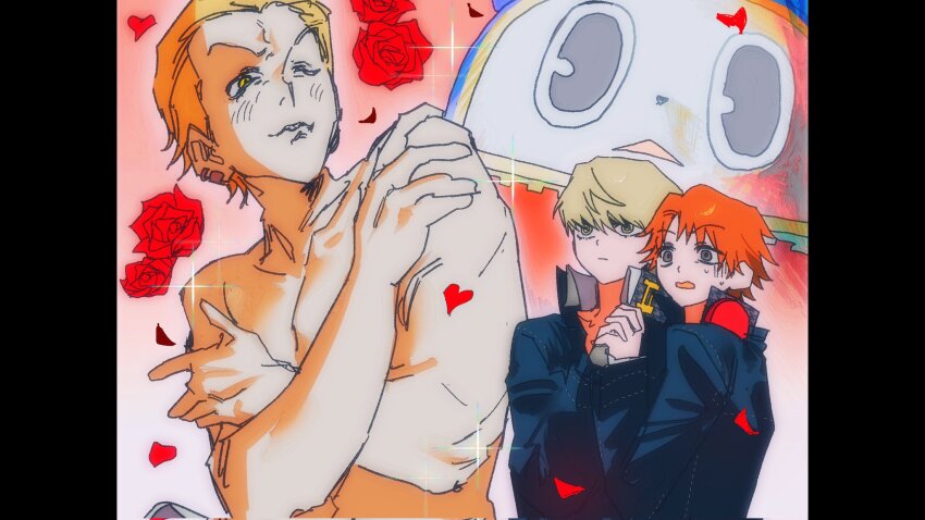1990s_(style) 3boys black_border blonde_hair blue_jacket border brown_eyes expressionless flower goguma_wagamja hanamura_yousuke headphones headphones_around_neck highres holding_hands jacket kuma_(persona_4) male_focus multiple_boys narukami_yu nervous open_mouth orange_hair persona persona_4 petals red_flower red_rose retro_artstyle rose rose_petals school_uniform shadow_kanji short_hair sparkle sweat tatsumi_kanji teeth topless_male triangle_mouth very_short_hair yasogami_school_uniform yellow_eyes