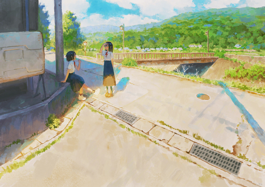 2girls black_hair black_skirt blush bob_cut bridge candy day eating fjsmu food hand_on_own_forehead highres holding holding_food holding_popsicle long_hair mountainous_horizon multiple_girls original outdoors pleated_skirt popsicle red_ribbon ribbon road rural scenery school_uniform serafuku short_hair sitting skirt street summer town townscape