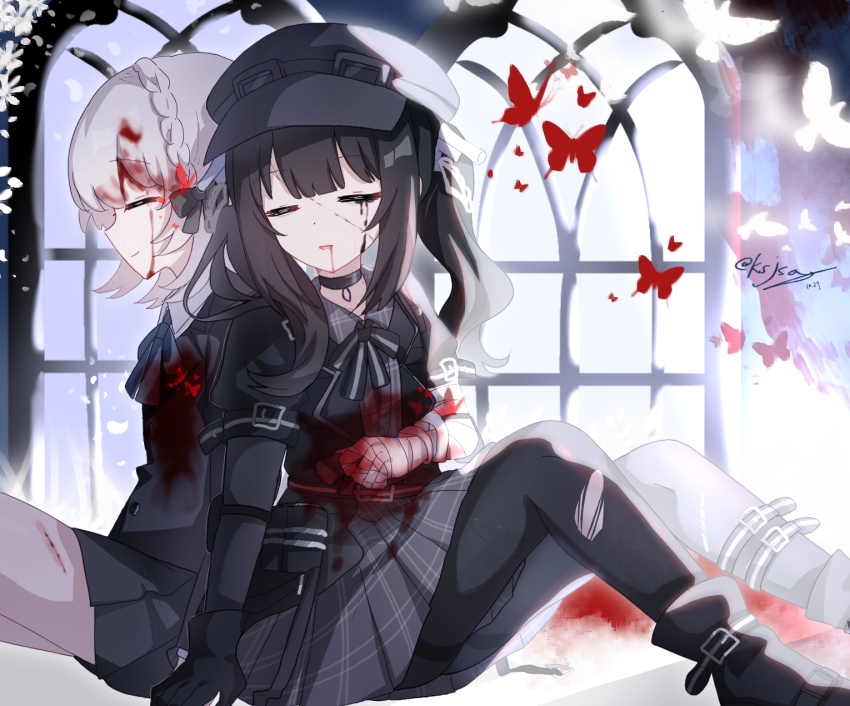 2girls back-to-back bandaged_arm bandages black_boots black_choker black_gloves black_hair black_hat black_jacket black_pantyhose black_ribbon black_skirt blood blood_on_clothes blood_on_face blue_ribbon boots braid bug butterfly chinese_commentary choker closed_eyes closed_mouth commentary_request crown_braid dress from_side gloves goggles goggles_on_headwear grey_dress grey_hair hat highres insect jacket ksjsa kurobe_nanoka kurobe_nanoka&#039;s_sister long_hair long_sleeves mahou_shoujo_no_majo_saiban multiple_girls neck_ribbon pantyhose pleated_skirt profile red_butterfly ribbon short_hair siblings single_glove sisters sitting skirt smile spoilers torn_clothes torn_pantyhose twintails window