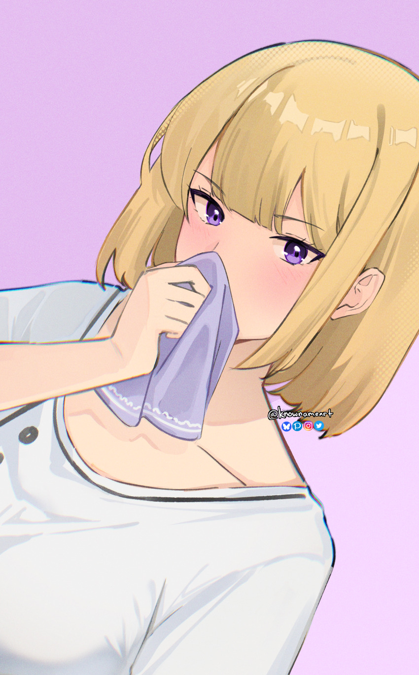 1girl absurdres artist_name blonde_hair blush breasts cha_hae-in covering_own_mouth eyebrows_hidden_by_hair handkerchief highres holding holding_handkerchief knowname large_breasts looking_at_viewer purple_background purple_eyes shirt short_hair simple_background solo solo_leveling upper_body white_shirt