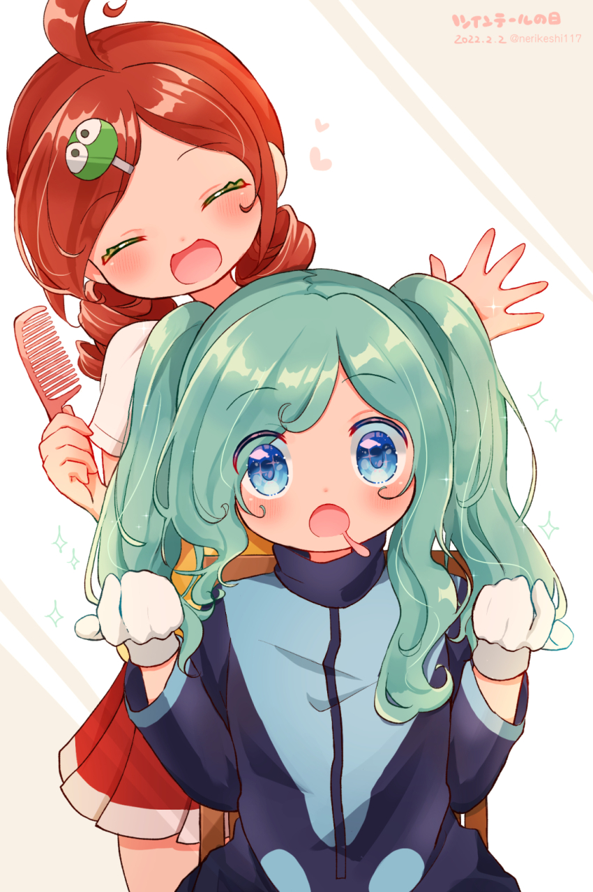 1boy 1girl :d :o ahoge alternate_hairstyle andou_ringo aqua_hair artist_name asymmetrical_sidelocks black_jacket blue_eyes blush character_hair_ornament comb dated dot_nose drill_hair drooling ecolo_(puyopuyo) facing_viewer from_behind gloves hair_ornament hands_up happy head_tilt highres holding holding_comb jacket long_hair long_sleeves looking_at_viewer mouth_drool open_mouth parted_hair playing_with_own_hair pleated_skirt puyopuyo puyopuyo_20th_anniversary red_hair red_skirt shinonome_pinano short_sleeves skirt smile star_(symbol) star_in_eye straight-on surprised symbol_in_eye trap twin_drills twintails unusual_ecolo white_gloves