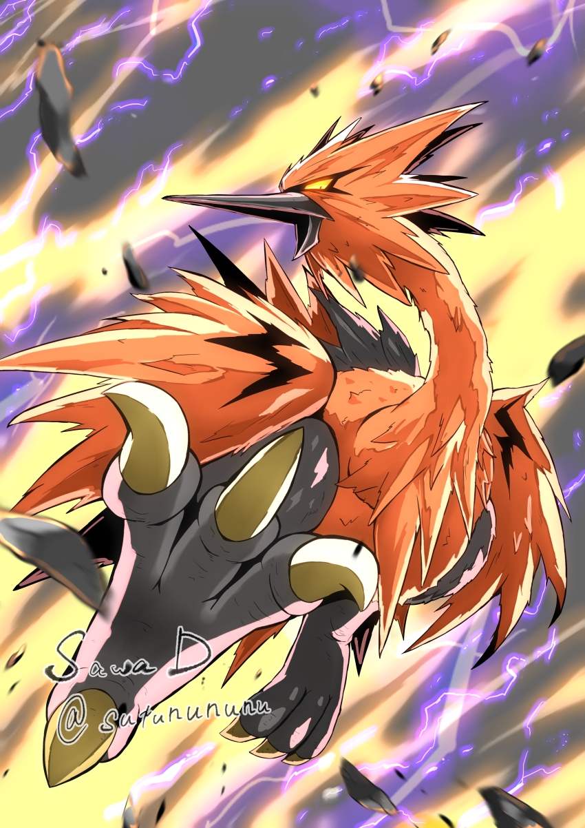 absurdres beak bird brown_feathers brown_wings debris electricity feathers galarian_form galarian_zapdos gen_8_pokemon highres legendary_pokemon nintendo no_humans pokemon pokemon_(creature) pokemon_focus sawa_d solo talons wings yellow_eyes