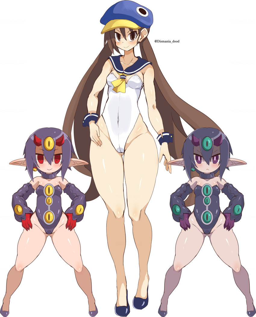 3girls :&lt; absurdres blue_headwear blue_sailor_collar blue_sclera blue_shoes blue_wrist_cuffs blush breasts brown_eyes brown_hair choker closed_mouth collarbone colored_sclera commentary covered_navel des_x_(disgaea) desco_(disgaea) detached_sleeves disgaea dismania_(xenoman) earrings english_commentary extra_eyes eyeball_earrings female_focus flats frown full_body gloves hair_between_eyes hand_on_own_hip hands_on_own_hips hat height_difference highleg highleg_leotard highres horns jewelry kazamatsuri_fuuka legs_apart leotard long_hair looking_at_viewer makai_senki_disgaea_4 medium_breasts mixed-language_commentary multiple_girls neckerchief no_socks pointy_ears purple_choker purple_eyes purple_gloves purple_horns purple_leotard purple_shoes purple_sleeves red_eyes red_gloves red_horns ringed_eyes sailor_collar shoes short_hair simple_background single_earring slit_pupils smile standing straight-on twintails twitter_username very_long_hair watermark white_background white_leotard wrist_cuffs yellow_neckerchief yellow_sclera