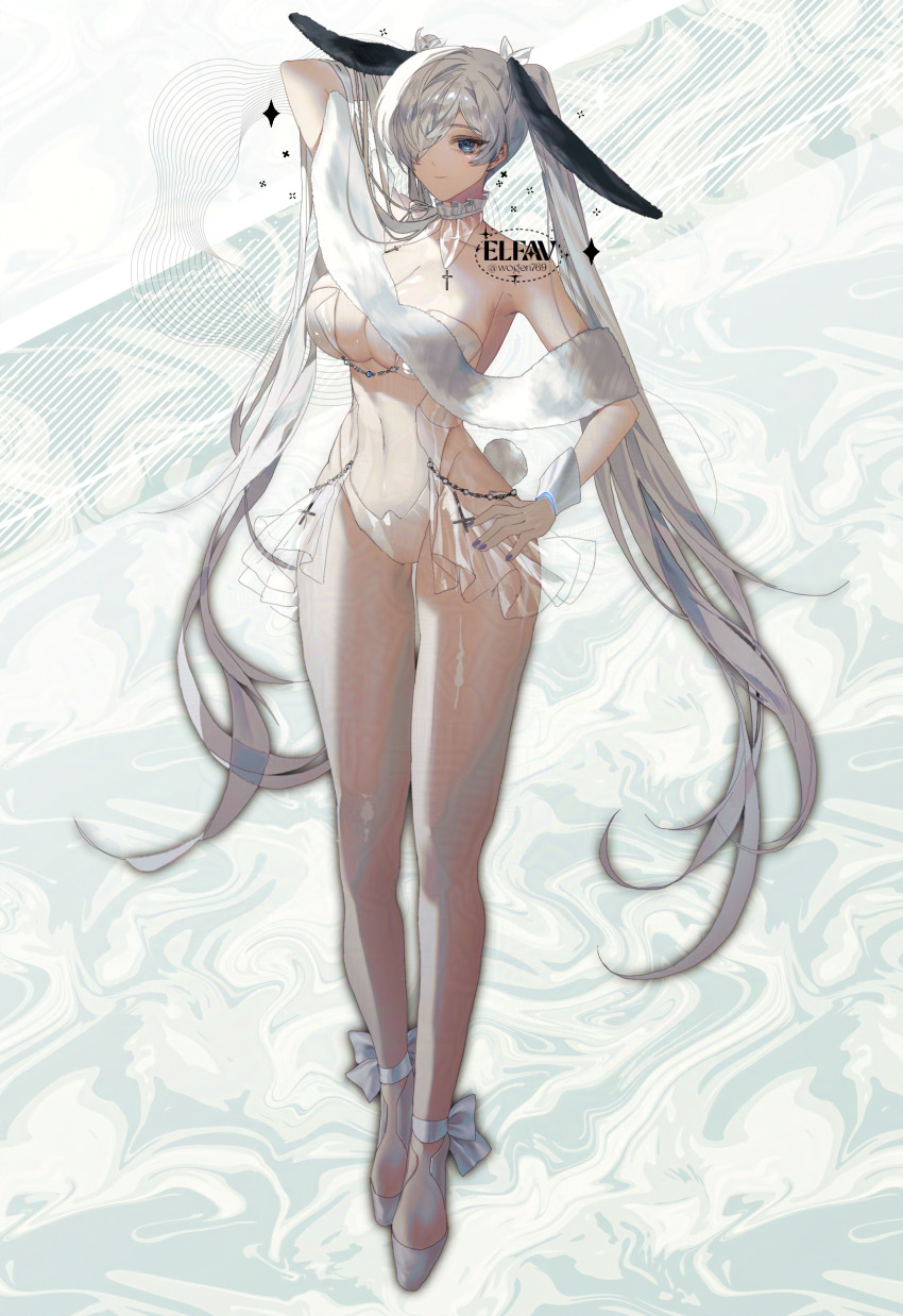 1girl alternate_costume animal_ears bare_shoulders blue_eyes blue_nails breasts cinderella_(nikke) cleavage covered_navel fake_animal_ears fake_tail full_body goddess_of_victory:_nikke hair_over_one_eye high_heels highres large_breasts leotard long_hair looking_at_viewer navel playboy_bunny rabbit_ears rabbit_tail see-through_clothes see-through_leotard solo tail twintails twitter_username very_long_hair white_background white_hair wogen769 wrist_cuffs