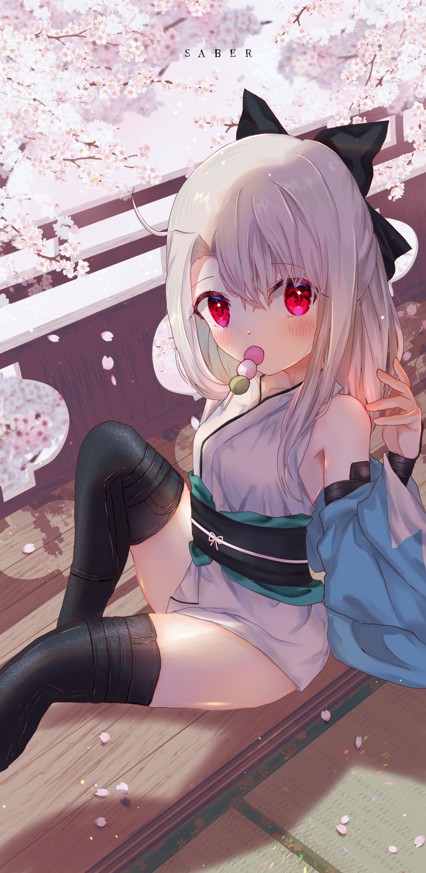 1girl absurdres alternate_costume alternate_hairstyle arm_guards armor black_bow black_thighhighs bow branch cherry_blossoms cosplay dango fate/grand_order fate/kaleid_liner_prisma_illya fate_(series) food hair_bow half_updo haori highres illyasviel_von_einzbern isuzu_(an_icy_cat) japanese_armor japanese_clothes kimono kote kurokote obi okita_souji_(fate) okita_souji_(koha-ace) okita_souji_(koha-ace)_(cosplay) red_eyes sash shinsengumi short_kimono sitting skewer sleeveless sleeveless_kimono solo tatami thighhighs wagashi white_hair white_kimono wooden_floor