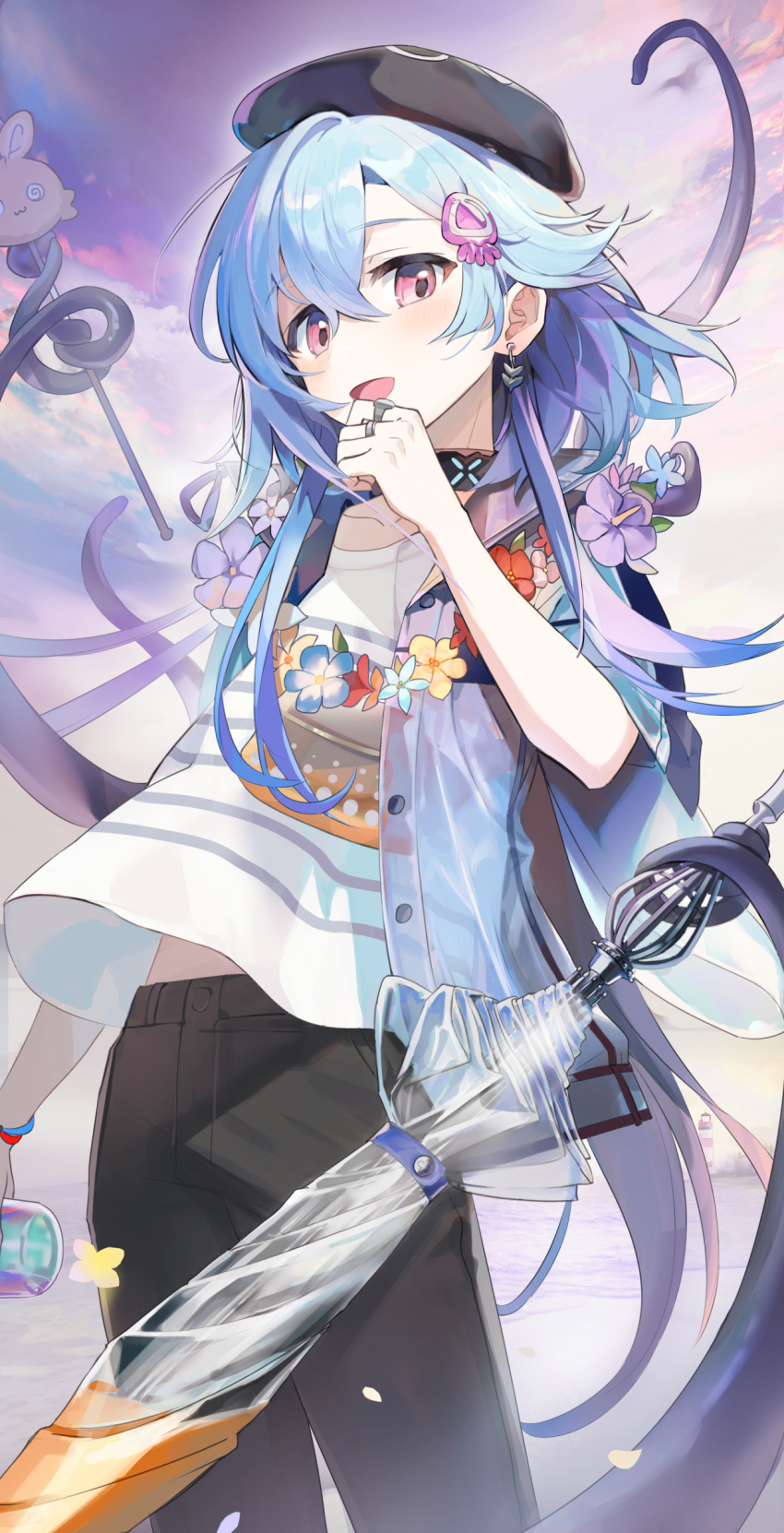 1boy absurdres arknights beret black_hat black_pants blue_hair blue_jacket bracelet clenched_hand cloud commentary feet_out_of_frame flower flower_necklace hat highres holding holding_umbrella infection_monitor_(arknights) jacket jellyfish_hair_ornament jewelry lei light_blue_hair long_hair looking_at_viewer male_focus midriff_peek mizuki_(arknights) mizuki_(summer_feast)_(arknights) multicolored_hair multiple_rings necklace official_alternate_costume open_mouth outdoors pants pink_eyes pink_hair purple_sky ring shirt short_sleeves sky smile solo striped_clothes striped_shirt tentacles umbrella white_shirt wind wind_lift xing_(gloryxing)