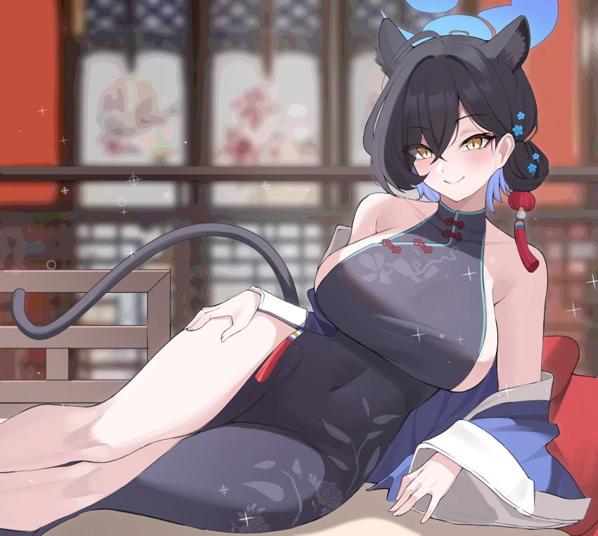 1girl absurdres animal_ears black_dress black_hair blue_archive blue_flower blue_halo blush breasts china_dress chinese_clothes closed_mouth colored_inner_hair covered_navel dress extra_ears eyeliner flower hair_between_eyes hair_bun hair_flower hair_ornament halo highres kaguya_(blue_archive) kurochomo large_breasts lips looking_at_viewer makeup mandarin_collar multicolored_hair panther_ears panther_girl panther_tail purple_hair red_eyeliner short_hair sideboob single_hair_bun sleeveless_turtleneck_dress slit_pupils smile solo tail tassel tassel_hair_ornament yellow_eyes
