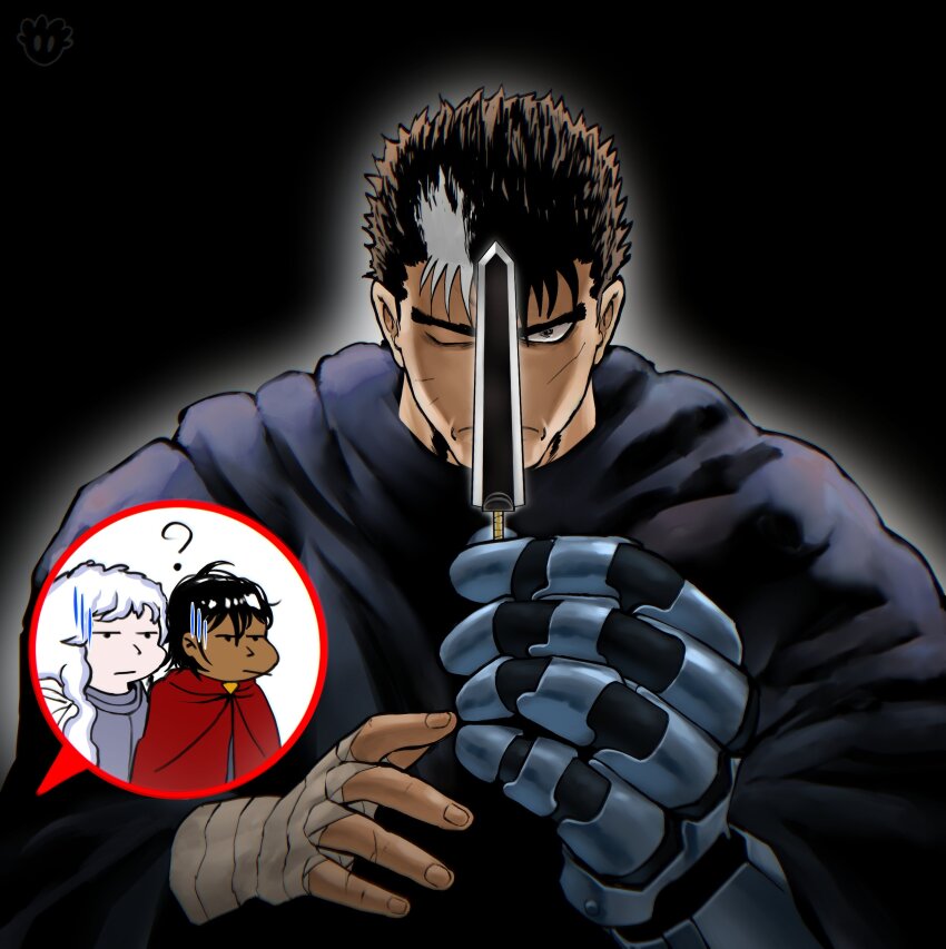 1girl 2boys ? absurdres armor bandaged_hand bandages berserk black_cloak black_hair casca_(berserk) cloak commentary devovas dragonslayer_(sword) english_commentary frown griffith_(berserk) guts_(berserk) highres holding holding_sword holding_weapon miniature multicolored_hair multiple_boys one_eye_closed prosthesis red_cloak short_hair streaked_hair sword two-tone_hair unamused weapon white_hair