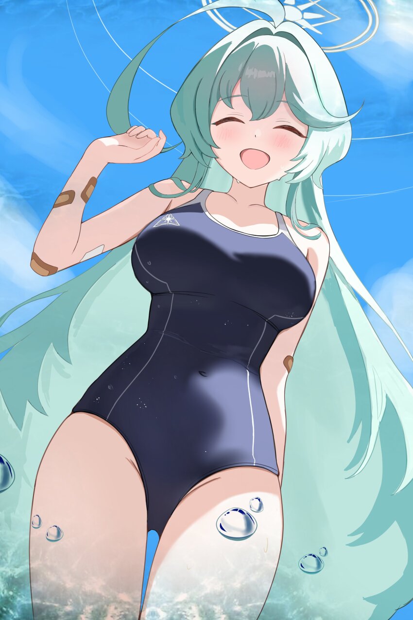 1girl :d ^_^ absurdres abydos_high_school_logo abydos_high_school_swimsuit ahoge allen_(user_rtdw8823) backlighting bandaid bandaid_on_arm bandaid_on_thigh blue_archive blue_one-piece_swimsuit blue_sky breasts closed_eyes collarbone commentary_request covered_navel cowboy_shot from_below green_hair groin hair_between_eyes halo highres hot large_breasts long_hair looking_at_viewer official_alternate_costume one-piece_swimsuit open_mouth school_swimsuit sidelocks sky smile solo spaghetti_strap sunlight sweat swimsuit white_halo yume_(blue_archive)