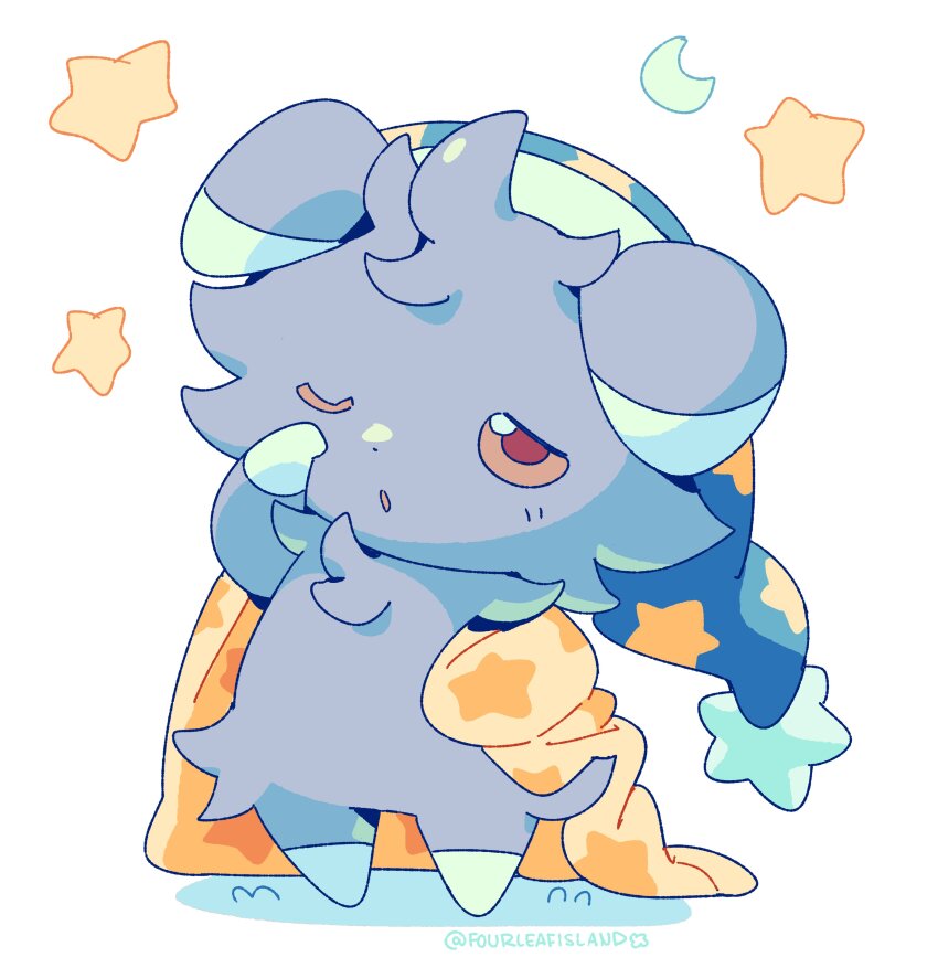 absurdres blanket commentary crescent english_commentary espurr fourleafisland full_body gen_6_pokemon hat highres nightcap nintendo no_humans one_eye_closed open_mouth pokemon pokemon_(creature) rubbing_eyes star_(symbol) star_print