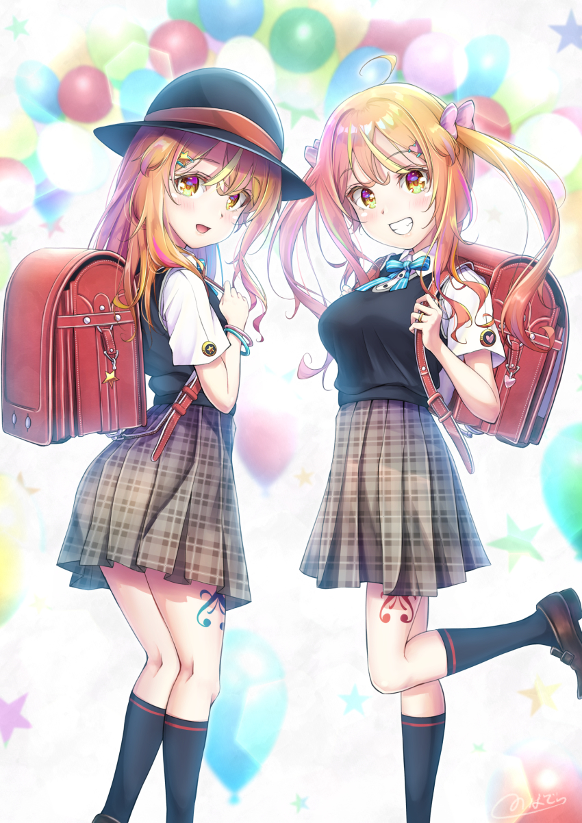 1boy 1girl alternate_hairstyle ass blonde_hair blush bow breasts brother_and_sister grin hair_bow hair_ornament hairclip hat highres long_hair looking_at_viewer looking_back natsusora_aona natsusora_wakana novady open_mouth original school_uniform shiny_skin siblings skirt smile tattoo trap twins twintails yellow_eyes