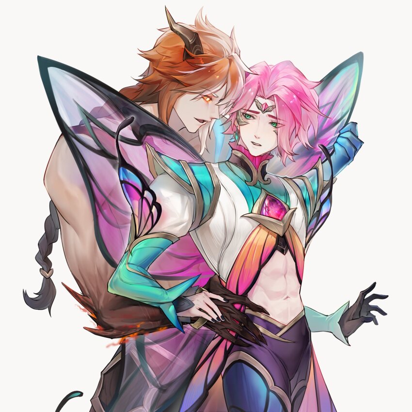 2boys abs bishounen black_gloves black_hair black_nails braid braided_ponytail chest_jewel crop_top dudududu_(hhdgccnm) earrings ezreal faerie_court_ezreal fairy fairy_wings gem gloves glowing glowing_eyes grabbing_another&#039;s_wing gradient_hair green_eyes hand_on_another&#039;s_wing highres jewelry kayn_(league_of_legends) league_of_legends long_hair looking_at_another looking_back midriff multicolored_hair multiple_boys muscular muscular_male nail_polish nightbringer_kayn orange_eyes orange_hair pink_gemstone pink_hair pointy_ears single_glove toned toned_male white_background wings yaoi