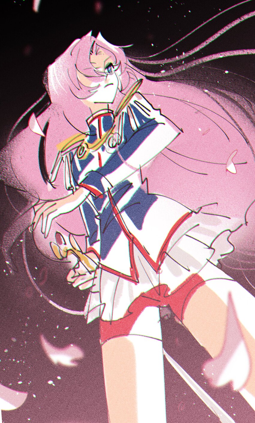 1girl absurdres closed_mouth commentary_request cowboy_shot dutch_angle epaulettes high_collar highres jacket long_hair looking_to_the_side petals pink_hair pink_petals red_shorts shorts shoujo_kakumei_utena skirt solo tenjou_utena yuzikoz_mega
