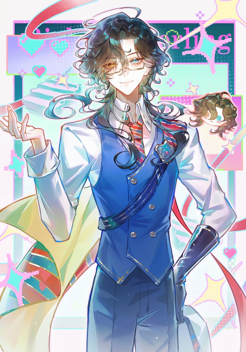 1boy absurdres aqua_background bespectacled black_gloves black_hair blue_cape blue_eyes blue_necktie blue_pants blue_vest border buttons cape character_name chibi chibi_inset chinese_commentary closed_mouth collared_shirt cowboy_shot cowlick curtained_hair diagonal-striped_clothes diagonal-striped_necktie double-breasted eyes_visible_through_hair eyewear_strap facial_mark glasses gloves hair_over_one_eye hand_up hat heart heterochromia highres holding holding_unworn_clothes holding_unworn_hat identity_v light_blush long_sleeves looking_at_viewer male_focus medium_hair mole mole_under_mouth necktie outline outside_border pants pixel_heart red_cape red_necktie red_ribbon ribbon richard_sterling school_uniform shirt shoulder_belt side_cape single_glove sleeve_cuffs smile solo sparkle standing striped_cape striped_clothes two-sided_cape two-sided_fabric unworn_hat unworn_headwear vest white_border white_outline white_shirt yellow_cape yellow_eyes zhumojian