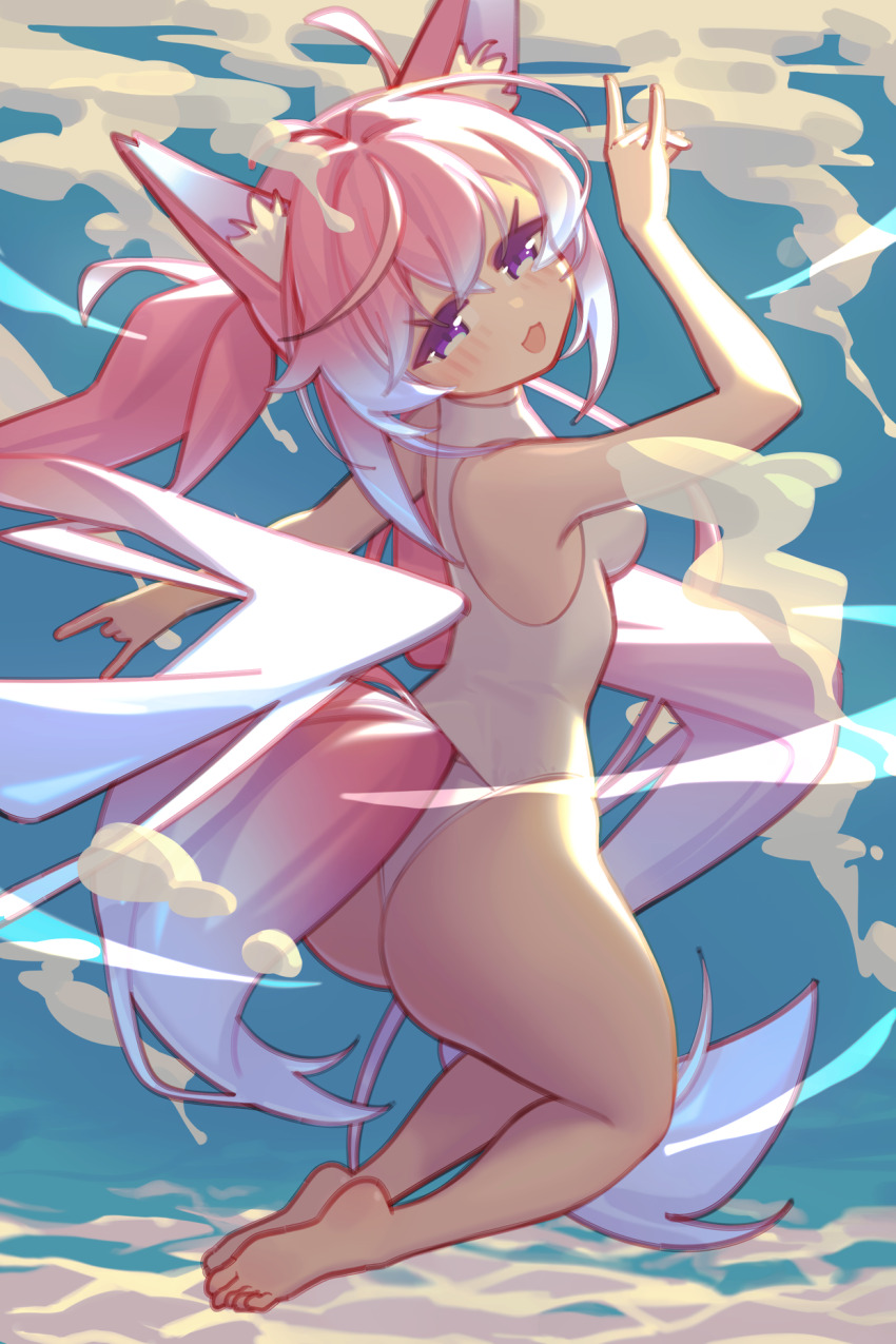 1girl ahoge animal_ears arm_up ass bad_source bare_legs bare_shoulders barefoot blue_sky blush breasts cloud cloudy_sky day fox_ears fox_girl fox_shadow_puppet fox_tail from_behind full_body gradient_hair hair_between_eyes highres indie_virtual_youtuber long_bangs long_hair looking_at_viewer multicolored_hair official_art one-piece_swimsuit open_mouth outdoors pink_hair purple_eyes sidelocks sky solo swimsuit tail teletha_(vtuber) very_long_hair virtual_youtuber white_one-piece_swimsuit