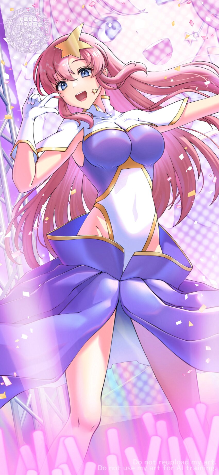 1girl absurdres blue_eyes breasts commentary commentary_request covered_navel english_commentary feet_out_of_frame gloves glowstick gundam gundam_seed gundam_seed_destiny hair_ornament highleg highleg_leotard highres large_breasts leotard long_hair looking_at_viewer medium_breasts meer_campbell mixed-language_commentary multicolored_leotard open_mouth pink_hair purple_leotard purple_skirt skirt solo standing star_(symbol) star_hair_ornament watermark white_gloves white_leotard yokoshimahama