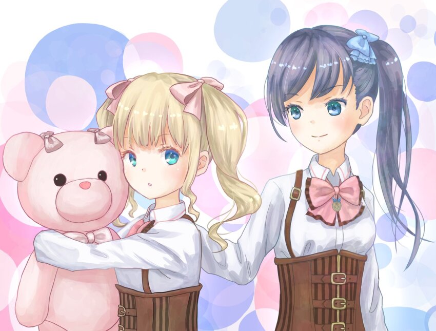 2girls aqua_eyes arm_at_side assault_lily belt belt_buckle black_hair blue_background blue_bow blue_eyes blush bow bowtie breasts brown_belt buckle cheek_press circle closed_mouth collared_shirt commentary_request corset frilled_bow frills hair_bow hand_on_another&#039;s_back hand_up hands_up high_ponytail holding holding_stuffed_toy houjou_monica_asahi hugging_doll hugging_object jewelry long_hair long_sleeves looking_at_another looking_at_viewer looking_to_the_side ludvico_private_girls&#039;_academy_school_uniform medium_breasts medium_hair multicolored_background multiple_belts multiple_girls narumi_clara_yuuko necklace ofusuma_(knifesuuma) parted_lips pendant pink_background pink_bow pink_bowtie ponytail school_uniform shirt side_ponytail sideways_glance smile stuffed_animal stuffed_toy suspenders teddy_bear twintails underbust upper_body white_background white_shirt