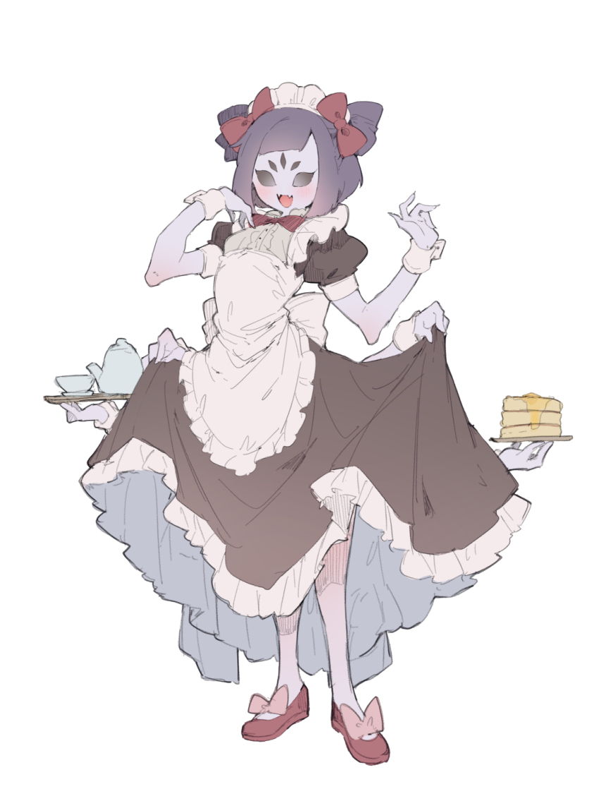 1girl :d apron arthropod_girl black_dress black_eyes blush bow colored_skin cup dress extra_arms extra_eyes fangs food frilled_apron frilled_dress frills hair_bow highres holding holding_plate holding_tray ikeuchi_tanuma insect_girl maid maid_apron maid_headdress muffet open_mouth pancake pancake_stack plate puffy_short_sleeves puffy_sleeves purple_hair purple_skin red_bow red_shoes shoes short_sleeves simple_background skirt_hold smile solo spider_girl standing teacup teapot tray undertale white_apron white_background wrist_cuffs