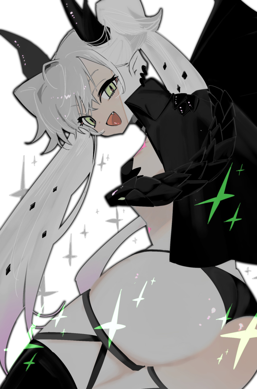 1girl ass breasts commentary_request demon_girl demon_horns demon_wings fate/grand_order fate_(series) green_eyes grey_hair hanana_(ymbk_sb) highres horns lilith_(fate) long_hair looking_at_viewer medium_breasts open_mouth pointy_ears smile snake solo twintails wings