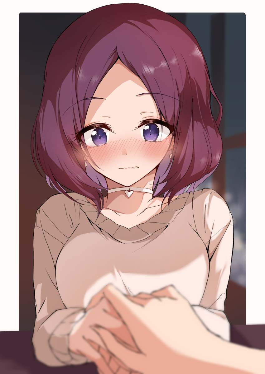 2girls absurdres blurry blurry_background blush breasts collar collarbone earrings framed heart_collar highres holding_hands jewelry kootee-on medium_breasts multiple_girls new_game! purple_eyes purple_hair short_hair sweater tooyama_rin yagami_kou