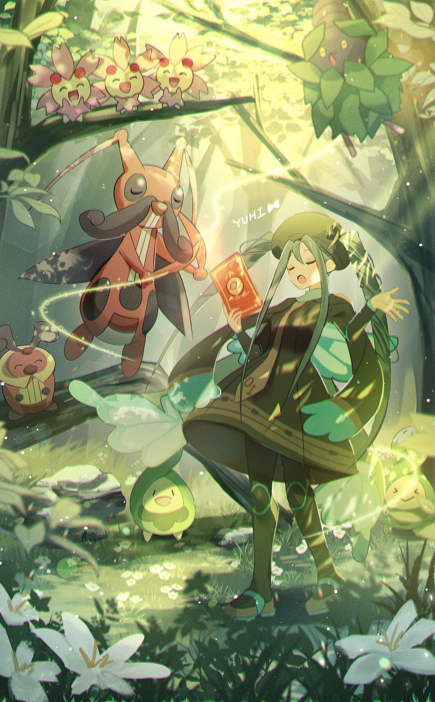 1girl absurdres budew bug_miku_(project_voltage) burmy burmy_(plant) cherrim cherrim_(sunshine) closed_eyes gen_4_pokemon hatsune_miku highres kricketot kricketune nintendo pokemon project_voltage vocaloid yuhi_(hssh_6)