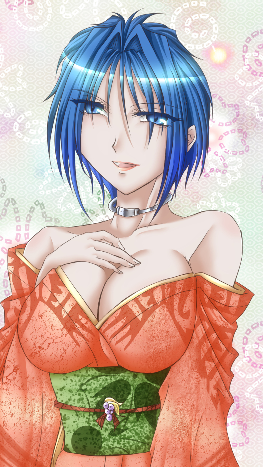 1girl bad_id bad_pixiv_id bare_shoulders blue_eyes blue_hair breasts choker cleavage collarbone female_focus hand_on_own_chest highres japanese_clothes kimono large_breasts matching_hair/eyes obi sash short_hair smile solo super_robot_wars super_robot_wars_original_generation viletta_badam yuruyuru