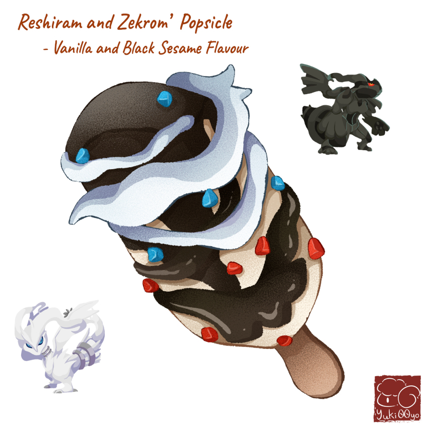 artist_logo artist_name character-themed_food character_name english_text food food_focus food_name gen_5_pokemon highres legendary_pokemon logo nintendo no_humans pokemon popsicle reshiram simple_background white_background yuki00yo zekrom