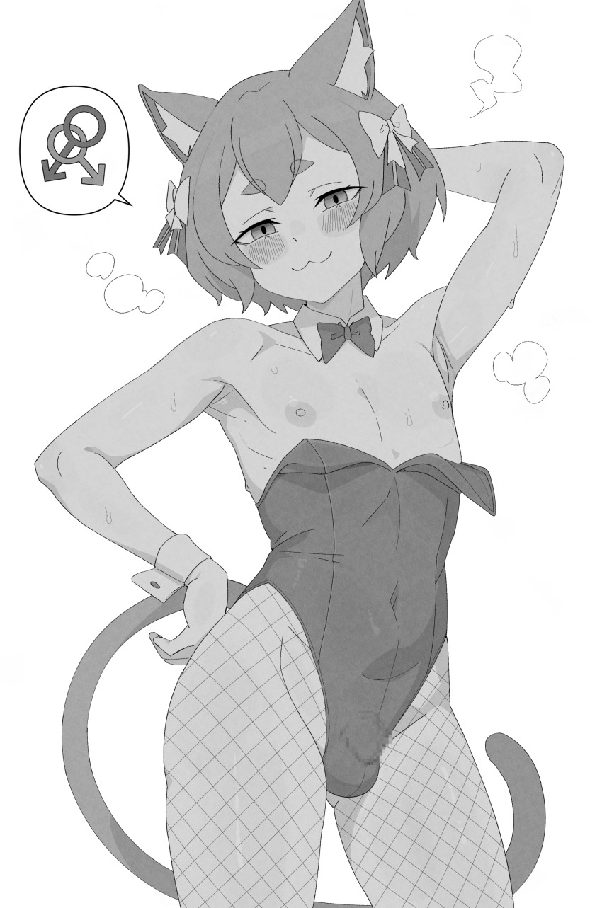 1boy :3 absurdres animal_ears armpits blush bow bulge cat_boy cat_ears cat_tail censored collarbone commentary covered_groin cowboy_shot crossdressing crossdressing_(mtf) detached_collar english_commentary felix_argyle fenqury fishnet_pantyhose fishnets greyscale hair_bow half-closed_eyes highres interlocked_mars_symbols leotard looking_at_viewer male_playboy_bunny mars_symbol monochrome mosaic_censoring nipples pantyhose re:zero_kara_hajimeru_isekai_seikatsu short_hair simple_background smug solo spoken_mars_symbol standing tail trap white_background wrist_cuffs