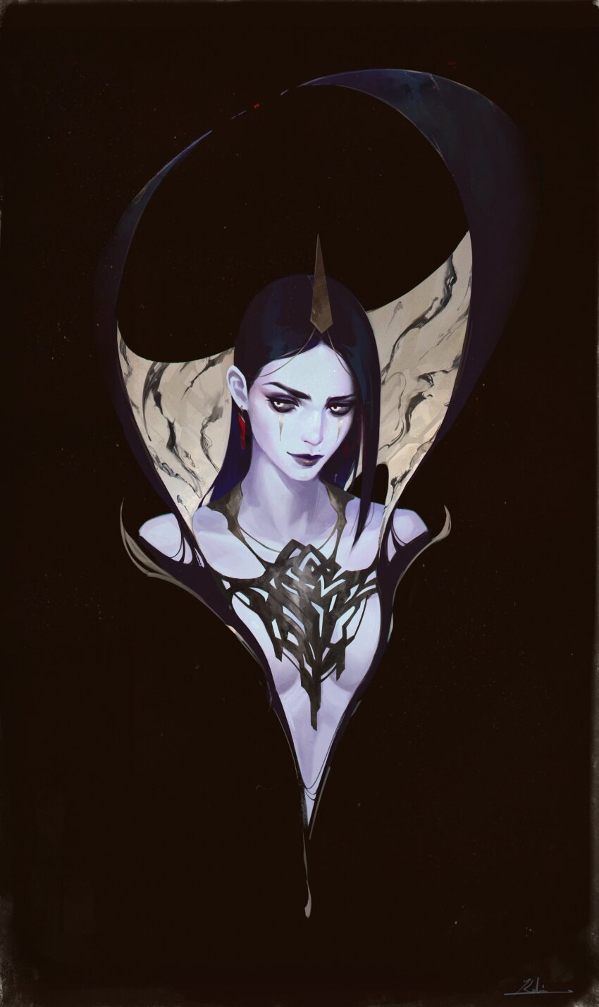 1girl absurdres arcane:_league_of_legends arcane_leblanc black_background black_hair breasts cleavage closed_mouth colored_sclera dress earrings glowing hair_ornament highres jewelry league_of_legends leblanc_(league_of_legends) long_hair lor_baa makeup pale_skin popped_collar simple_background smile solo upper_body yellow_eyes