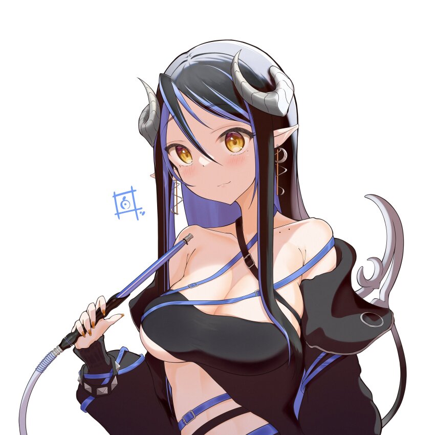 1girl absurdres bandeau belt black_bandeau black_belt black_hair black_jacket blue_belt blue_hair blush breasts chest_belt cleavage closed_mouth collarbone commentary_request curled_horns demon_girl demon_horns grey_horns hair_between_eyes hebiyoi_tier hebiyoi_tier_(1st_costume) highres holding hookah horns jacket large_breasts long_bangs long_hair long_sleeves looking_at_viewer multicolored_hair nanashi_inc. off_shoulder open_clothes open_jacket pointy_ears shiroi_toko sidelocks simple_background smile snake_bite solo two-tone_hair upper_body virtual_youtuber white_background yellow_eyes
