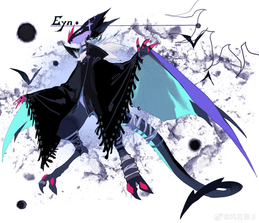 absurdres aqua_sclera black_cloak black_fur cloak clothed_pokemon collar colored_sclera full_body gen_6_pokemon highres kamikiririp looking_at_viewer nintendo no_humans noivern pokemon pokemon_(creature) pokemon_focus purple_fur solo two-tone_tail watermark weibo_watermark white_eyes