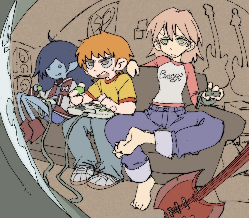 1boy 2girls :p adventure_time ahoge ax_bass axe barefoot bass_guitar black_hair brown_eyes colored_skin controller couch crossover dreamcast_controller fisheye flcl gainax game_console game_controller green_eyes grey_skin haruhara_haruko holding holding_remote_control instrument joystick marceline_abadeer multiple_crossover multiple_girls on_couch orange_hair pantsu-ripper pink_hair playing_games raglan_sleeves remote_control scott_pilgrim scott_pilgrim_(series) sega_dreamcast soles sweatdrop tongue tongue_out v-shaped_eyebrows vampire