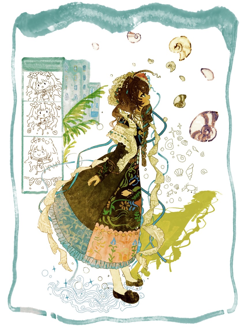 1girl :d absurdres ahoge black_dress black_shoes blue_border blue_eyes border brown_hair chibi chibi_inset crab dress fatutu floral_print floral_print_dress frilled_dress frilled_hairband frills full_body hairband highres leaning_forward long_braid long_dress long_hair looking_up official_alternate_costume open_mouth pengpeng_xiao_niao_774 print_dress reverse:1999 shell shoes smile snail_shell socks solo sparkle standing white_hairband white_socks