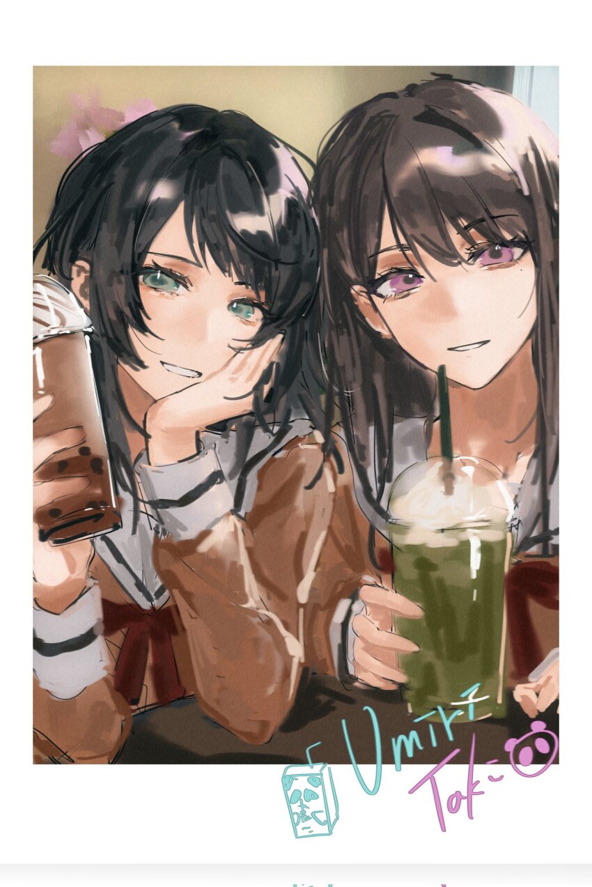 2girls bang_dream! bang_dream!_it&#039;s_mygo!!!!! black_hair blue_eyes brown_hair character_signature commentary cup disposable_cup english_commentary fake_photograph feiyu30903448 hanasakigawa_school_uniform head_rest highres long_hair long_sleeves matcha_(food) medium_hair mole mole_under_eye multiple_girls open_mouth purple_eyes sailor_collar school_uniform shiina_taki white_sailor_collar yahata_umiri