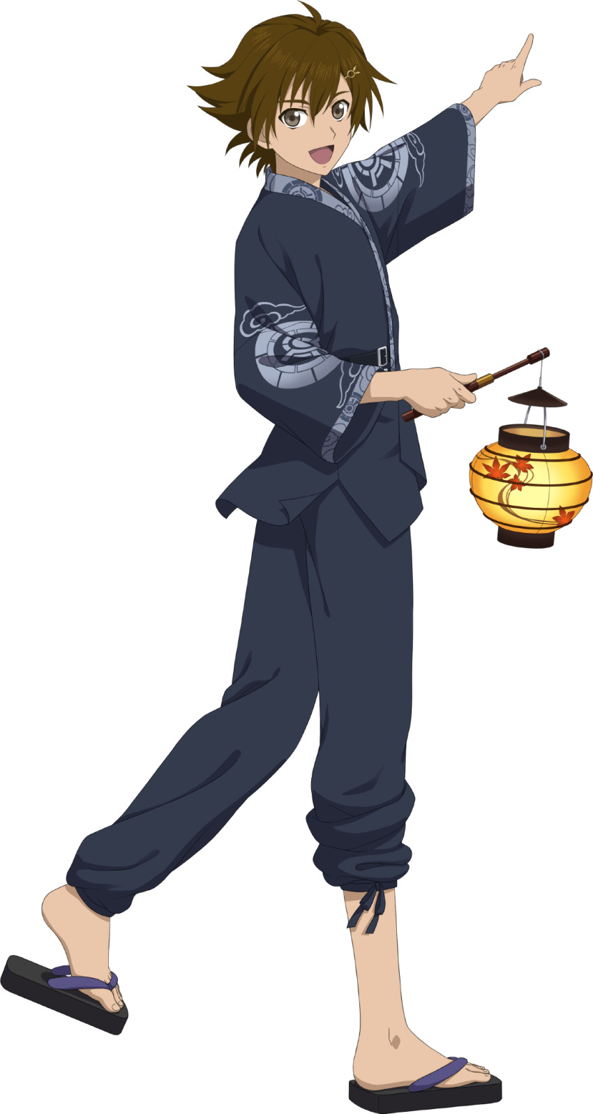 1boy ahoge brown_hair commentary english_commentary full_body hair_between_eyes hair_ornament highres holding holding_lantern japanese_clothes kimono kor_meteor lantern looking_at_viewer male_focus official_art open_mouth pointing sandals smile solo tales_of_(series) tales_of_asteria tales_of_hearts toenails toes transparent_background wide_sleeves zouri