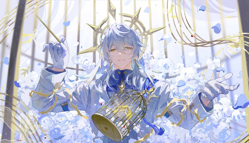 1boy absurdres birdcage blood blood_on_flower blue_petals blurry cage closed_mouth conductor_baton depth_of_field earrings eyelashes falling_petals feathered_wings feathers flower gloves glowing_feather gold_earrings grey_hair guaishengyin hair_between_eyes halo halo_behind_head hands_up head_wings highres holding holding_baton honkai:_star_rail honkai_(series) jacket jewelry long_sleeves looking_at_viewer male_focus medium_hair petals piercing purple_shirt rose rose_petals shirt solo spiked_halo musical_staff sunday_(honkai:_star_rail) tassel thorns upper_body white_flower white_gloves white_jacket white_petals white_rose white_wings wing_piercing wings yellow_eyes yellow_feathers