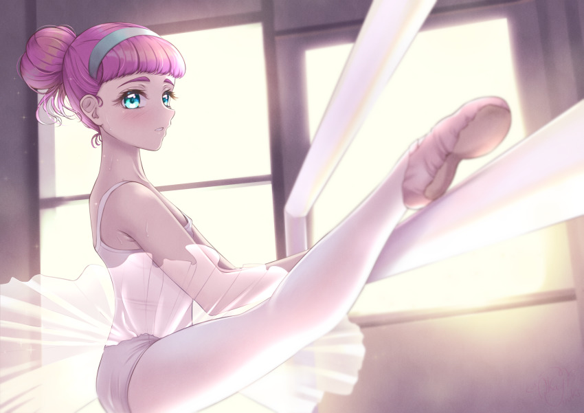 1girl ballerina ballet ballet_slippers barre chignon highres laura_(precure) leotard pink_hair precure tropical-rouge!_precure tutu white_leotard window