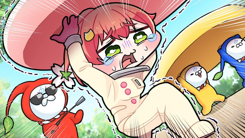 1girl 35p_(sakura_miko) 3others blue_pikmin blue_pikmin_(cosplay) commentary_request cosplay dutch_angle emphasis_lines frown green_eyes highres holding holding_riding_crop holding_whip hololive komainu_channel multiple_others nintendo olimar olimar_(cosplay) open_mouth pellet_(pikmin) pikmin_(creature) pikmin_(series) pink_hair red_pikmin red_pikmin_(cosplay) riding_crop sakura_miko sunglasses tears trembling virtual_youtuber wavy_eyes yellow_pikmin yellow_pikmin_(cosplay)